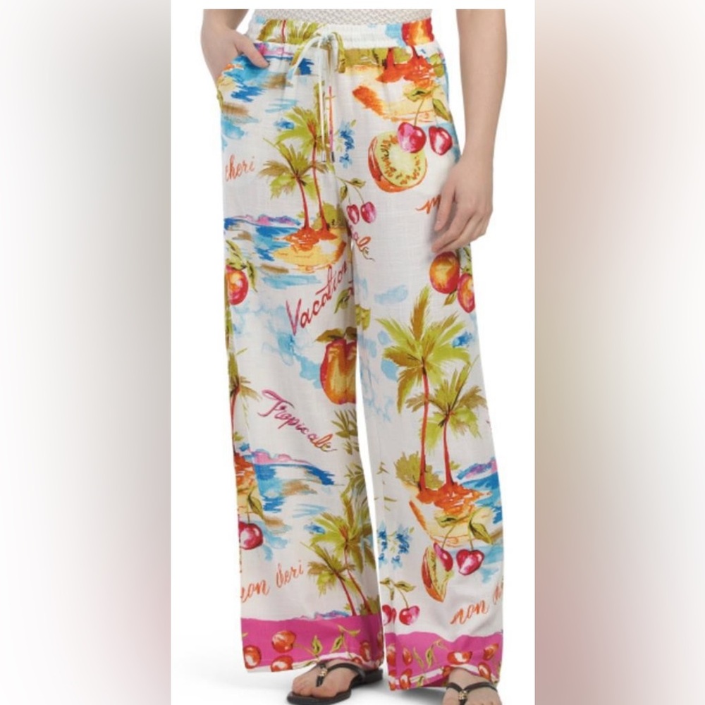 Anthropologie Label of Love Tropical Elastic Waist Linen Pants Size M Brand New